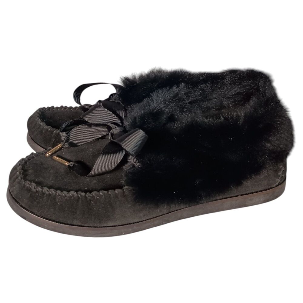 Tory Burch Aberdeen Slipper Moccasin Ankle Women 9 Leather Suede Shearling Black - Picture 8 of 13